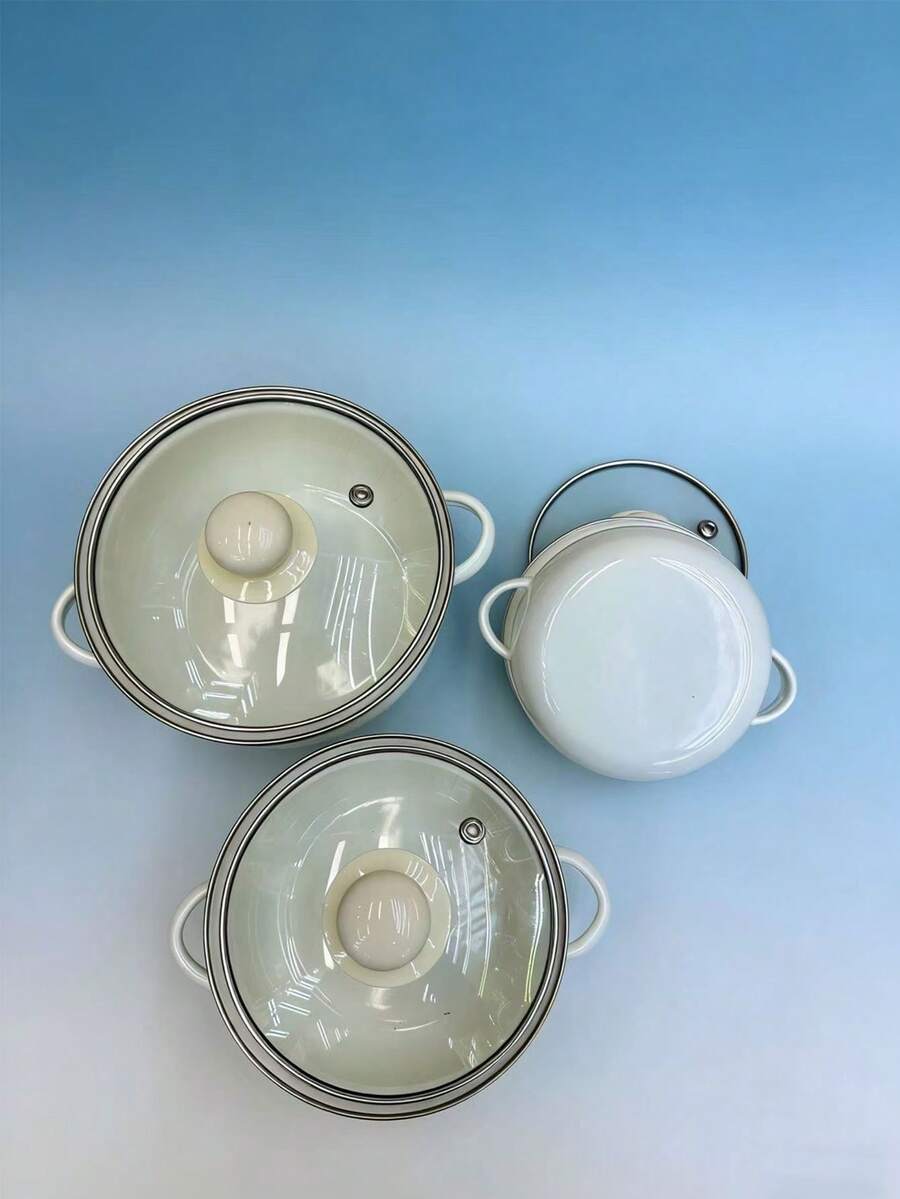 Juego de 3 piezas de utensilios de cocina esmaltados, que incluye olla de sopa mini, olla de doble asa y olla pequeña de fondo plano - Ver 1