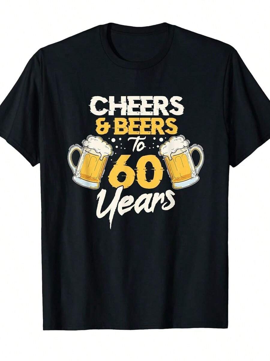 Cheers And Beer 60th Birthday T-Shirt - Fun Birthday Gift For Women, Soft Heavyweight 100% Cotton Crew Neck Shirt, Sizes S-XXXL, Birthday Party Outfit, Retirement Gift For Fathers, Husbands, And Friends, Humorous Clothing For Beer Lovers, Birthday Themed Top, Funny Pattern Design - Black - View 1