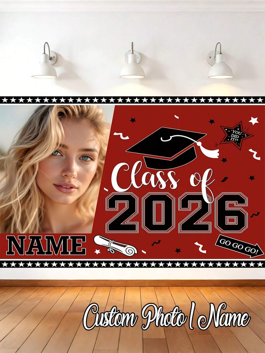 1pc - Customizable Graduation Season Backdrop Fabric, Customizable Name And Portrait. 2026 Graduation Celebration Red Theme Photography Background, Banner With Personalized Text And Graphics, Suitable For High School And College Classrooms, Cake Tables, Home Walls, Outdoor Decor. - Multicolor - View 1