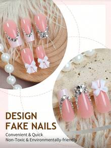24pcs French Manicure Nail Stickers, Medium Square Gold Glitter Fresh Design Full Coverage Fake Nails, Suitable For Women And Girls Daily Wear - Multicolor - View 3