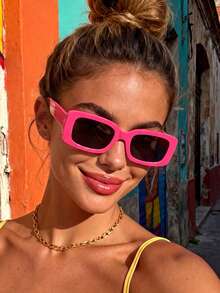 1 Pair Unisex Rectangular Dopamine Red Sunglasses, Cute Retro Beach Fashion Glasses, Suitable For Daily Wear, Summer Vacation, Street Party, Holiday Essential Accessory - Hot Pink - View 5