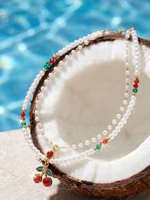 2件套水晶樱桃珍珠项链套装，适合女士海滩、约会、派对佩戴 - 彩色 - 查看 3