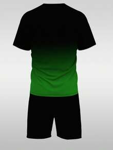 Men's Gradient Letter Print Short Sleeve Crew Neck T-Shirt And Drawstring Shorts Set, Comfortable Casual Outfit, 100% Polyester, Lightweight And Breathable Fabric - 卡其色 - 查看 4
