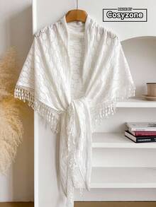 1 chiếc khăn choàng tam giác rỗng tối giản thanh lịch, khăn quàng cổ dệt kim đa năng thời trang nữ với tua rua trang trí, thích hợp cho mặc hàng ngày mùa xuân/thu. - trắng - Xem 1