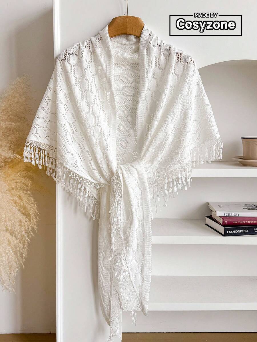 1 chiếc khăn choàng tam giác rỗng tối giản thanh lịch, khăn quàng cổ dệt kim đa năng thời trang nữ với tua rua trang trí, thích hợp cho mặc hàng ngày mùa xuân/thu. - trắng - Xem 1