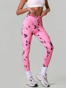 Women Wide Waistband Fashion Tie-Dye Print Fitness Yoga Leggings High-Waisted Tummy Control Running Sports Pants Athletic Training Active Tights - Hot Pink - View 8