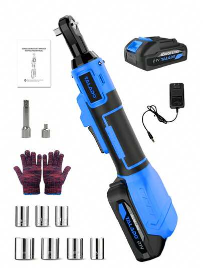 Llave de trinquete eléctrica inalámbrica de 21V, accionamiento 3/8", rango de torsión 45 pies-lb & 500 RPM – 1 batería de ion de litio de 2000 mAh y cargador, 7 vasos, adaptador 1/4" y barra extensible de 3 pulgadas – gatillo de velocidad variable, empuñadura ergonómica, ideal para reparación de motores y uso doméstico.