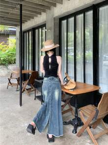 复古简约A字型毛边开衩牛仔长裙，百搭设计 - 藍色 - 查看 2