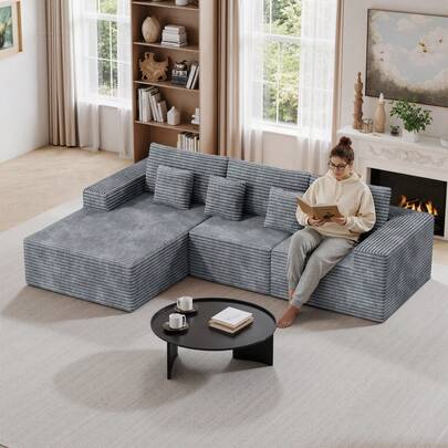 Nalupatio Sofá modular Cloud con chaise longue en forma de L y cojines de asiento profundos, adecuado para salón y dormitorio, cuatro cojines, tres respaldos, no requiere montaje – tejido de pana