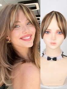 Extensiones de cabello con flequillo central y clips, flequillo francés oblicuo natural y sin costuras, ideal para uso diario, reuniones, verano, viajes de las mujeres. Incluye pinzas para el cabello y clips para fiestas. - Multicolor - Ver 17