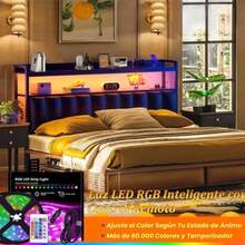 Full Upholstered Led Marco de Cabecero de Almacenamiento para Cama de Full con luz LED RGB, Marco de Cama de Plataforma de Terciopelo con Cabecera Wingback, Sin Ruido - Negro - Ver 6