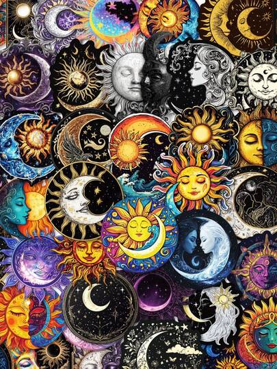 50张复古贴纸，包括太阳贴纸、月亮贴纸、星空贴纸、怪诞贴纸、酷炫贴纸、天文贴纸、哥特贴纸，适用于笔记本电脑、滑板、日记本、笔记本、手机、杯子、吉他、行李箱、电脑、冰箱、桌子、剪贴簿等，文具用品，趣味贴纸，Kindle适用