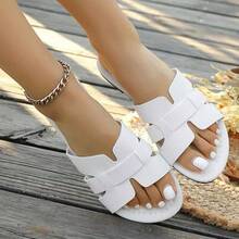 Women's Fashion H-Strap Design Faux Leather Flat Slide Sandals - White - View 3