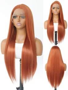 姜橙色 13*4 蕾丝前假发 合成直发假发 高清透明蕾丝前假发 预先拔毛 自由分缝蕾丝前假发 耐热纤维假发 日常佩戴 工作 上学 - 亮橙色 - 查看 11