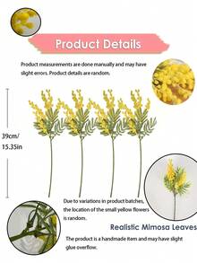 4支人造黄色含羞草花茎，带塑料仿真球茎，仿真复活节黄色花茎，适用于婚礼家居装饰、婚礼、派对、生日、周年纪念、春季家居装饰、复活节、母亲节DIY花束、新娘捧花、婚礼装饰、派对装饰、酒店装饰、桌面装饰 - 黃色 - 查看 11