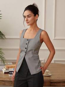 Women's Square Neck Short Sleeve Button Front Split Hem Casual Loose Comfortable Camisole, Old Money Crop Tops, Backless Business Casual Top Summer - Grey - View 5