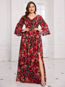 SUPGIR Vestido maxi de talla grande con estampado floral aleatorio, cuello en V, volantes en las mangas y abertura alta - Multicolor - Ver 3