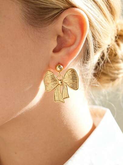 Mazuer 1 Pair 18K Gold Plated Stainless Steel French Style Bowknot Dangle Earrings, Textured Golden Jewelry Gift For Women, Suitable For Party, Date, Daily Wear