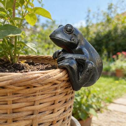 Vintage Black Frog Pot Hanger Decor, Creative Planter Edge Ornament, Fun Garden & Home Decor Accent