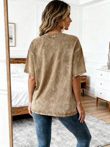 Pure Cotton Washed Loose-Fit T-Shirt,Dark Style Vintage Washed Rose Printed Pure Cotton Oversized Short Sleeve T - Shirt,Halloween,Día De Los Muertos,Home Leisure,,Weekend Outing,Sensitive Skin Group - Màu Khaki - Xem 2