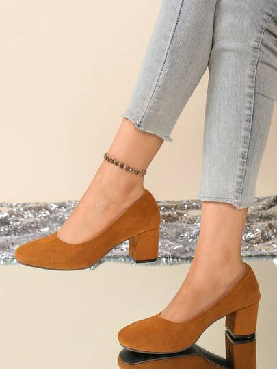 1 Pair New Solid Color Suede Thick Heel High Heels, Suitable For Going Out, Parties, Commuting