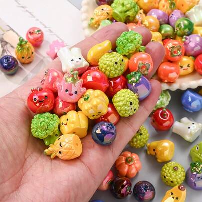 5/10pcs Assorted Resin Fruit & Vegetable Beads, Random Bright Multicolor Small Decorative Beads, Suitable For Decorations, DIY Jewelry Making And Holiday Party Accessories