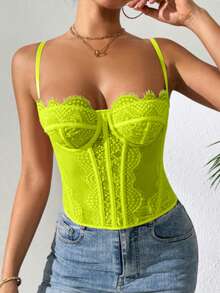 1件蕾丝胸衣束身衣上衣，女士性感外出派对夜店上衣，带搭扣，休闲夏季款 - 螢光黃 - 查看 3