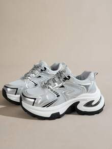 女士新款透气网面厚底休闲运动鞋，系带款，白色/灰色，时尚轻便，适合所有季节 - 銀色 - 查看 10