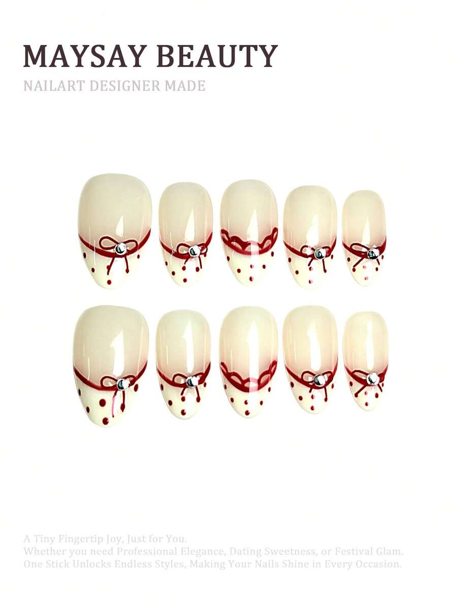 10pcs Middle Almond Fake Nails With Nude Pink Translucent Base, Burgundy Polka Dot, 3D Bow & Silver Rhinestone Accents Design Sweet Girlish Style 100% Handmade Press On Acrylic Nails Reusable Nail Supplies Including 1pc Jelly Glue, 1pc Stick, 1pc Nail File For Women's Daily Or Party Wear
