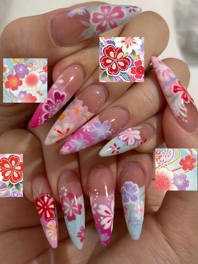 24片/套彩色扎染花朵造型短款假指甲，适合辣妹、OL、派对、约会和日常佩戴