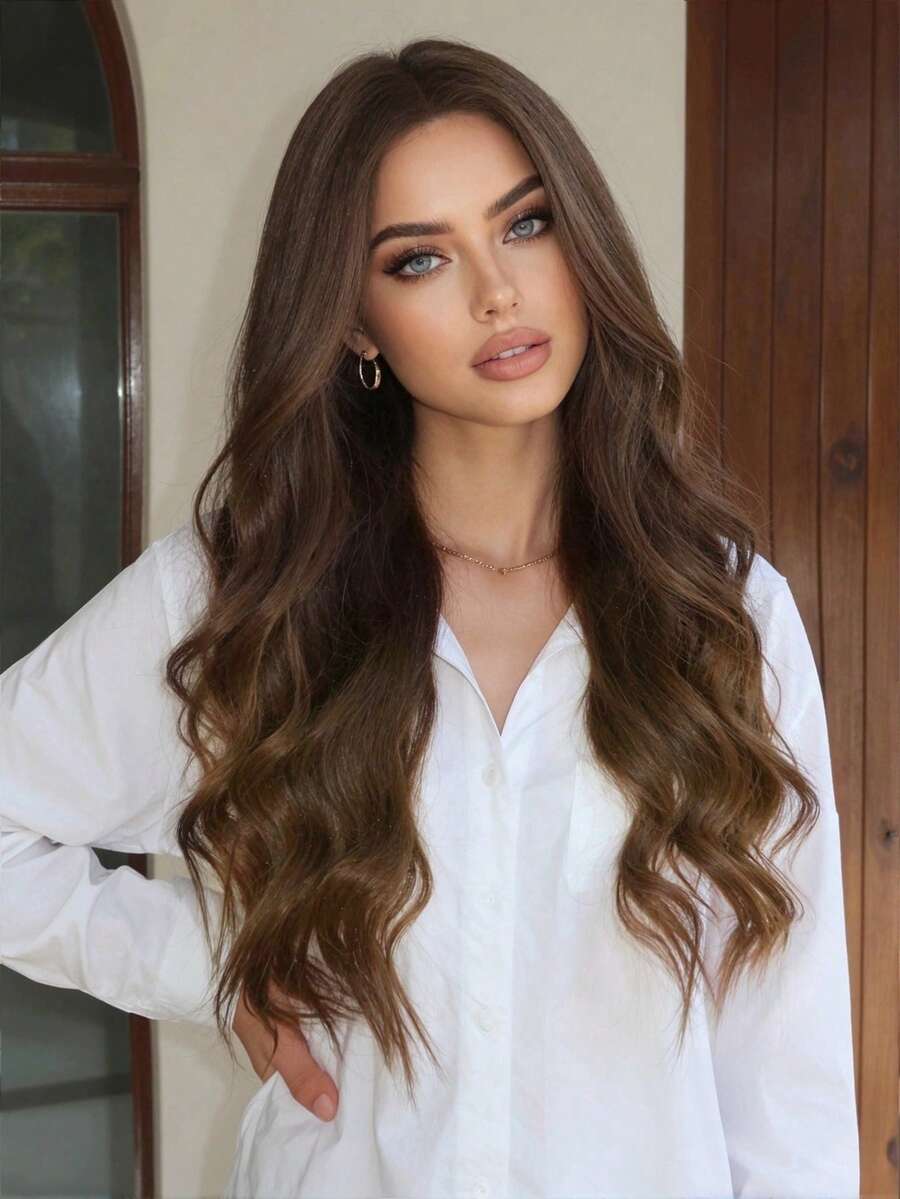 26 Inch Ombre Brown Long Curly Synthetic Wig, Women's Natural Brown Wig, Middle Part, Heat Resistant Synthetic Wig (Due To Differences In Individual Display Devices And Variations Between Natural And Indoor Lighting, There Might Be A Slight Color Variation Between The Picture And The Physical Item.)