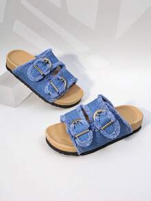 Girls' Denim Double Buckle Slide Sandals, Casual Open Toe Soft Sole Summer Children Shoes - Blue - View 2