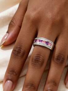 1pc Women's Fashion Simple Classic Square Cubic Zirconia Wide Band Ring, Suitable For Valentine's Day, Anniversary, Christmas, Wedding, Party, Vacation, Business And Other Occasions - Pink - View 4