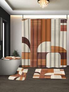 Bohemian Geometric Shower Curtain Set: 71" X 71" Polyester Curtain With 12 Hooks, Brown, White, And Beige Bath Mat, U-Shaped Toilet Mat, And Lid Cover - Machine Washable, Waterproof, And Seasonal - A - View 6