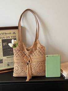 Handmade Crochet Beach Vacation Style Casual Women Shoulder Bag - Khaki - View 9