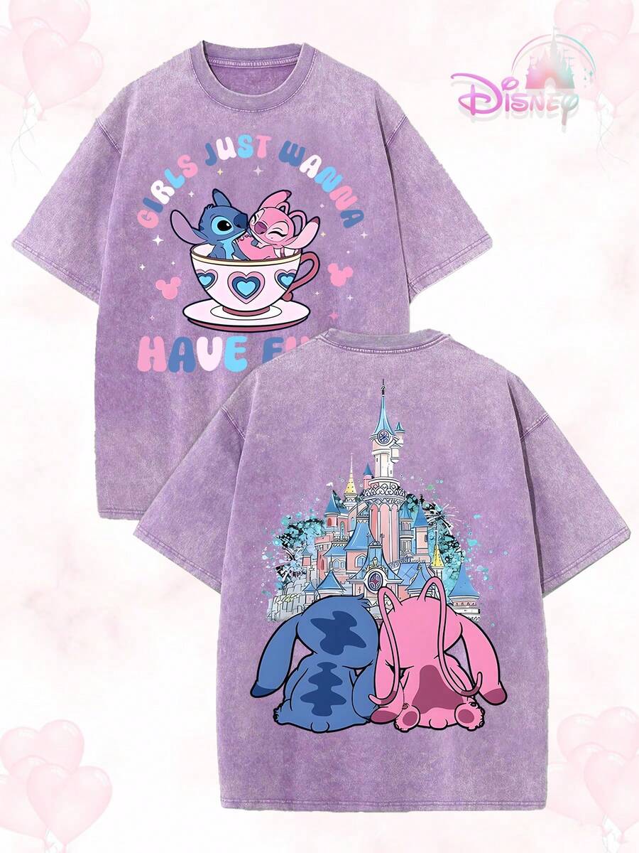Disney Lilo & Stitch Girls Just Wanna Have Fun Stitch & Angel Double-Sided Washed Oversized T-Shirt, Retro Disney Castle Vacation Tee For Women - Màu tím - Xem 1