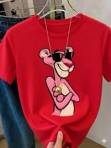Women's White T-Shirt With  Graphic And Sunglasses, Retro Cartoon Aesthetic Short Sleeve T-Shirt, Fun Modern Top, Casual Street Fashion Blouse - 灰色 - 查看 1