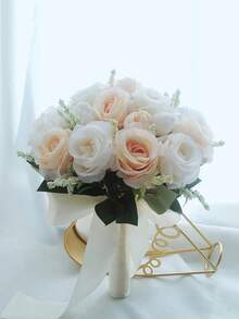 1支新款人造玫瑰手捧花束，适用于伴娘、新娘、婚礼用品、摄影、婚礼仪式、家居装饰 - 橘白色 - 查看 12