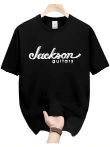 Men'S Casual Summer T-Shirt With Jackson Guitars Graphic Print, Black Short Sleeve Crew Neck Tee, Lightweight Polyester Blend For Casual Attire, Guitar T Shirt - Black - View 1