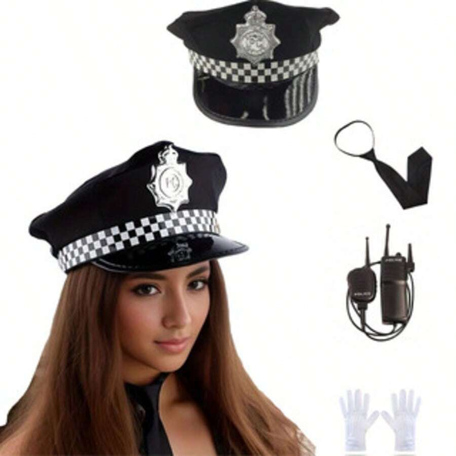 4件套角色扮演道具，包括帽子、领带、对讲机和手套，万圣节角色扮演派对服装配件 - 彩色 - 查看 1