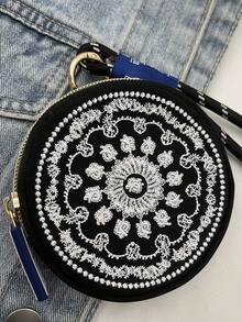New Retro Embroidered Mini Black Coin Purse, Round Pouch Wristlet - Black - View 4