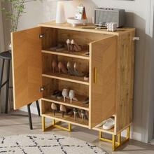 Modern, Minimalist Shoe Cabinet, Unique Wood Grain, Golden Iron Frame, Two-Door Storage Cabinet, Narrow Shoe Cabinet, Shoe Rack, Shoe Cabinet For Hallway/Entrance Hall - View 5