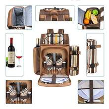 Hap Tim - Mochila para cesta de picnic para 2 personas con 2 compartimentos aislados soporte para vino manta de forro polar juego de cubiertos perfecta para playa viajes de día senderismo - Marrn - Ver 2