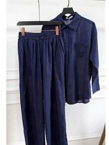 Linen Shirt And Pants Set (2 Pieces), Lined With Elastic. - Azul Marino - Ver 1