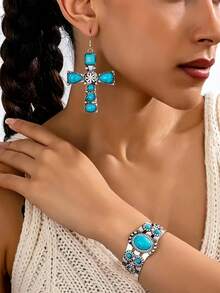 1pc Bracelet + 1 Pair Earrings Bohemian Turquoise Cross Jewelry Set, Versatile Daily & Holiday Wear For Women - Turquoise Cross Earring and Bracelet Set - View 3