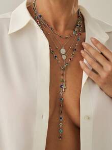 4pcs/Set Bohemian Style Rhinestone Inlaid Cross, Coin, Badge Pendant Y-Necklace, Luxury Elegant Daily Casual, Party, Couple Date, Women's Festival Birthday Versatile Jewelry Gift - Necklace - View 3