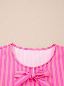 Acelitt Summer Rose Pink Striped Print Half-Button Placket Bow Tie Knot Puff Sleeve High Waist Slim Mini Dress - Multicolor - View 7