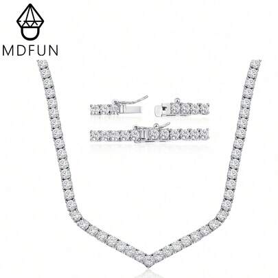 MDFUN Women's V-Shape Cubic Zirconia Necklace, 18K White Gold Plated, 4.0mm Round Cubic Zirconia, Suitable For Weddings And Tennis Occasions