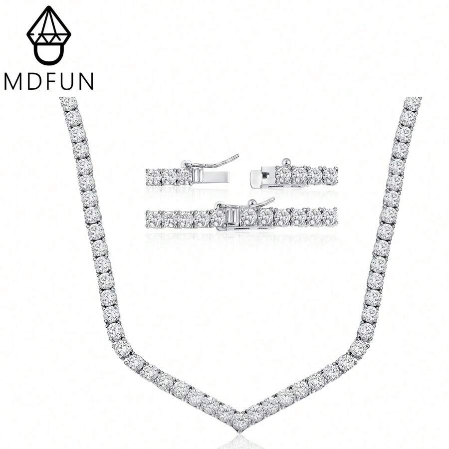 MDFUN Dây chuyền nữ hình chữ V đính đá Cubic Zirconia, mạ vàng trắng 18K, đá Cubic Zirconia tròn 4.0mm, thích hợp cho đám cưới và các dịp chơi tennis. - trắng - Xem 1