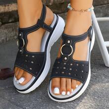 女士厚底坡跟凉鞋，金属环镂空透气休闲夏季沙滩鞋 - 黑色 - 查看 1